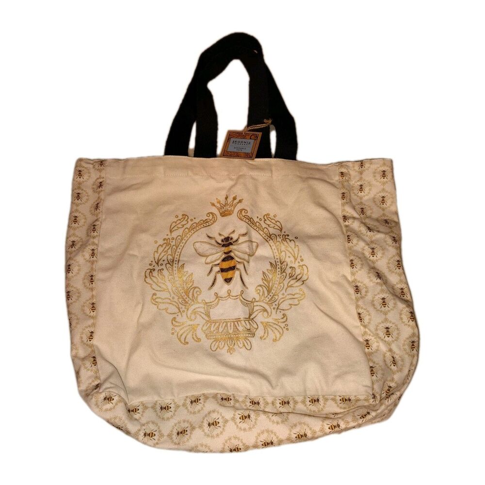 NWT Begonia Market Queen Bee Canvas Tote Bag Gold Metallic Honeycomb Reusable - Picture 1 of 12